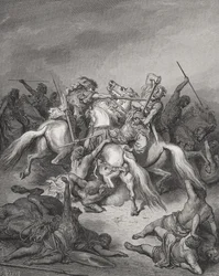 Abisai salva la vida de David, Samuel 2:17, ilustración de "La Santa Biblia" de Dore, grabada por Hurel.