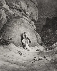 Agar e Ismael en el desierto, ilustración de "La Santa Biblia" de Dore, grabada por Piaud.