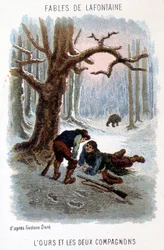 Ilustración de “El oso y los dos compañeros”, fábula de La Fontaine, basada en un dibujo de Gustave Doré
