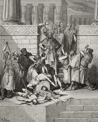 Matanza de los hijos de Sedequías ante su padre, II Reyes 25:7, ilustración de "La Santa Biblia" de Dore, grabada por Fournier.