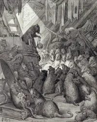 El Consejo Celebrado por las Ratas, de las Fábulas de La Fontaine, grabado por Antoine Valerie Bertrand (n.1823) c.1868