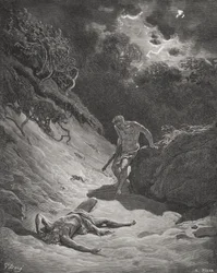 La muerte de Abel, Génesis 4:6-13, ilustración de "La Santa Biblia" de Dore, grabada por Pisan.