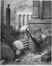 El pavo real se queja a Juno - de «Fábulas» de Jean de La Fontaine (Lafontaine) (1621-95) - grabado según Gustave Doré (1832-83) - colección privada