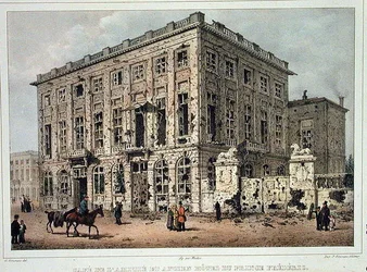 El Café Amitie y el Antiguo Hotel du Prince Frederic, Bruselas, después de los combates del 23-26 de septiembre de 1830, grabado por Jean Baptiste Madou (1796-1877)