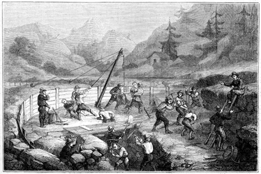 Excavación y lavado de arenas en el fondo de un río, California, siglo XIX