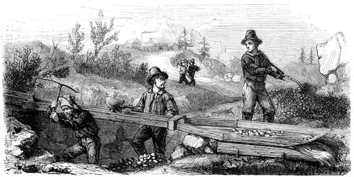Mineros franceses trabajando en una esclusa larga, California, siglo XIX