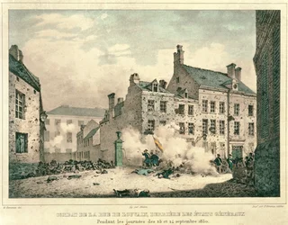 Combate en la Rue de Louvain, Bruselas, detrás de los Estados Generales, 23-24 de septiembre de 1830, grabado por Jean Baptiste Madou