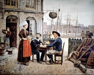 2 hombres (un marinero y un pescador bretón) en un bar charlando con una camarera bretona, Saint-Malo