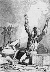 Gavroche cae en las barricadas - en “Los Miserables” de Victor Hugo, ilustrado por Brion, ed. Hetzel y Lacroix
