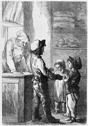 Gavroche da pan a los niños - en "Los Miserables" por Victor Hugo, ilustrado por Brion, ed. Hetzel y Lacroix