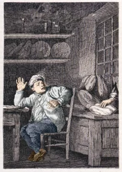 El robo de Jean Valjean - en "Los Miserables" de Victor Hugo, ilustrado por Brion, ed. Hetzel y Lacroix