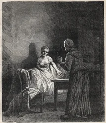 Marguerite entra en la habitación de Fantine y Fantine le muestra dos Napoleones (moneda) que pueden salvar a Cosette, su hija - Ilustración de Gustave Brion (1824-1877) para "Los Miserables - Primera parte: Fantine" de Victor Hugo (1802-1885) 1862