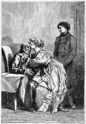 Marius y Cosette visitan a Jean Valjean enfermo - en "Los Miserables" por Victor Hugo, ilustrado por Brion, ed. Hetzel y Lacroix