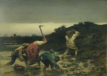 Campesinos cosechando papas durante la inundación del Rin en 1852