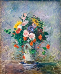 Ramo de asteres chinos, capuchinas y girasoles en un jarrón, c. 1887 (óleo sobre lienzo)