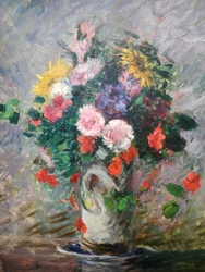 Francés: Bouquet de marguerites, capucines et soleils dans un vase
Alemán: Bouquet of marguerites, nasturtiums and sunflowers in a vase