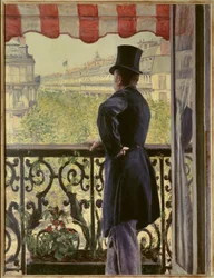 El hombre en el balcón. Un elegante hombre con sombrero de copa se apoya en la barandilla de un balcón en los grandes bulevares parisinos. 1880. Sun. 0,86 x 1,14 m. Colección privada