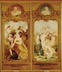 El Foyer de la Danse tiene cuatro murales de Boulanger que muestran una Danse Bachique, Bacchanalia, y una danse champetre, una danza campestre ... (pintura mural)