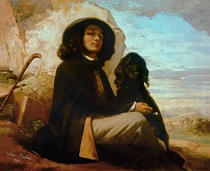 Courbet, autorretrato con perro negro (óleo sobre lienzo)