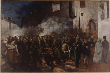 Bomberos corriendo hacia un incendio, entre 1850 y 1851 (óleo)