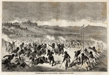 Un juego de pelota entre los indios Choctaw, tribu de la región del Mississippi, dibujado por Gustave Doré (1832-1883), para ilustrar el viaje del Mississippi al Océano Pacífico en 1853-54 por Baudouin Mollhausen (1825-1905). Grabado en “Le tour du monde, 