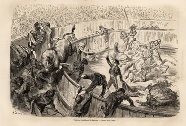 Un toro cruzando la barrera, durante una corrida en Valencia, dibujo de Gustave Doré para ilustrar su viaje a España con C. Davillier en 1862. Grabado en 