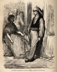 Un vendedor de chocolate al aire libre, boceto tomado en vivo en Madrid. Grabado por Gustave Dore (1832-1883) para ilustrar su viaje a España, con Ch. Davillier (editor), en 1862, publicado en “Le tour du monde” 1869, editado por Edouard Charton, Hachette