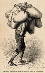 Un comerciante de jarras, boceto tomado en Madrid. Grabado por Gustave Doré (1832-1883) para ilustrar su viaje a España, con Ch. Davillier (editor), en 1862, publicado en Le tour du monde, 1869, editado por Edouard Charton, edición Hachette, París