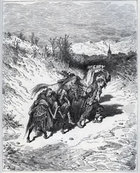 Un labrador trae de vuelta a Don Quijote y Rocinante al pueblo - de "Don Quijote de la Mancha" de Miguel Cervantes