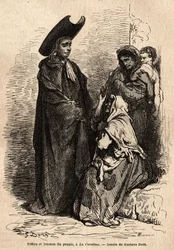 Un sacerdote y una mujer del pueblo, vestida con harapos; los mendigos profesionales españoles se establecieron en los patios de las iglesias para explotar hábilmente la caridad cristiana. Boceto tomado en vivo por Gustave Doré. Grabado para ilustrar el vi