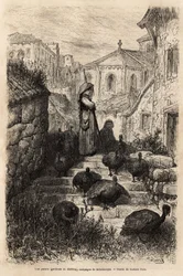 Un cuidador de pavos, en las calles de un pueblo en el campo de Salamanca. Dibujo de Gustave Dore (1832-1883). Grabado para ilustrar el viaje en España, por Charles Davillier, en 1862, publicado en “Le tour du monde” 1872, editado por Edouard Charton.
