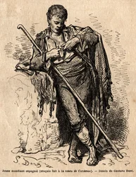 Un joven mendigo, a la venta de Cardenas, una posada en el camino de Almaden (provincia del Canal). Boceto tomado en vivo por Gustave Dore (1832-1883). Grabado para ilustrar el viaje a España, en 1862 por Charles Davillier y Gustave Dore, en "Le tour du mo