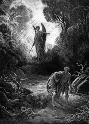 Adán y Eva son cazados del Paraíso. Grabado de Gustave Dore. Edición Mame 1891.