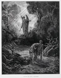 Adán y Eva desterrados del Jardín del Edén por un ángel, Ilustración de la Biblia de Dore