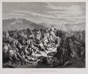 Ajab lucha contra los asirios en la batalla de Qarqar , Ilustración de la Biblia de Dore