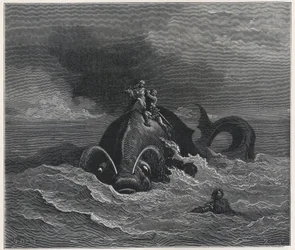 "Alcina (Alcina) y Renaud (Rinaldo) llevan a Astolfo (Astholfo) a lomos de una ballena (Orlando furioso) de Ludovico Ariosto (1474-1533) siglo XIX (grabado)