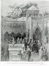 Toda su vida fue empleada no por leyes, estatutos o reglas, sino según su voluntad y libre albedrío, después de Gargantúa (1534) por François Rabelais. Grabado por Gustave Doré