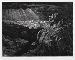 Un ángel con San Juan Bautista ante Jerusalén, Ilustración de la Biblia de Dore