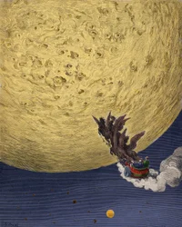 Astolfo (Astolfo), en el carro de Elías, parte a la luna en busca de la razón de Roldán. Ilustración de Gustave Doré (1832-1883) para «Orlando furioso» (Orlando Furioso) de Ludovico Ariosto, llamado Ariosto. Siglo XIX