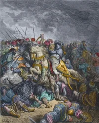 Batalla de Arsur - Ricardo I Corazón de León (1157-1199), Rey de Inglaterra participando en la 3ª Cruzada - Ricardo Corazón de León en la Batalla de Arsuf (1191), Tercera Cruzada, grabado por Gustave Doré - de Historia de las Cruzadas por Joseph-Francois M