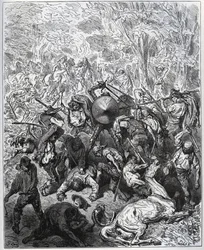 Batalla con los muleros - Los Yangois usaron sus garrotes - de “Don Quijote de la Mancha” por Miguel de Cervantes (1547-1616) - Grabado en madera después de un dibujo de Gustave Doré
