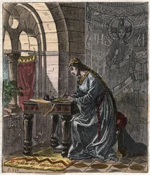 Bertrade de Montfort (1070-1117) Reina de Francia (esposa de Felipe I Rey de Francia) en Fontevrault - Grabado por Gustave Doré del siglo XIX en "Historia Nacional Ilustrada de Francia desde los Tiempos Más Remotos hasta Hoy" 1876 - Colección Privada