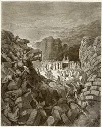 Biblia: La caída de los muros de Jericó. Grabado de Gustave Dore, hacia 1860.