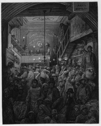 Billingsgate - Venta de pescado en la subasta. Ilustración para Londres por Louis Enault ilustrada por Gustave Doré