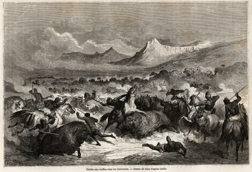 Caza de búfalos entre los Delawares, amerindios que viven a orillas del río del mismo nombre, dibujo de Gustave Doré (1832-1883), para ilustrar el viaje del Misisipi al Océano Pacífico en 1853-54 por Baudouin Mollhausen (1825-1905). Grabado