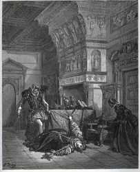 Camille finge suicidarse ante Lothaire y Leonella - de «Don Quixote de la Mancha» de Miguel Cervantes (1547-1616) («Don Quixote») - xilografía según un dibujo de Gustave Doré