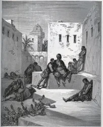 Historia de un cautivo. Patio del bagne de Argel donde el cautivo pide un servicio a un renegado cautivo - de "Don Quijote de la Mancha" de Miguel Cervantes (1547-1616) - xilografía según dibujo de Gustave Doré