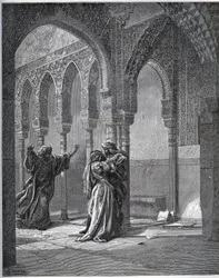 Historia del cautivo. Primer encuentro del cautivo con Zoraida en el jardín de su padre - de “Don Quijote de la Mancha” por Miguel Cervantes (1547-1616) - xilografía según dibujo de Gustave Doré