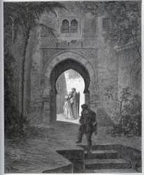 Historia del cautivo. Primer encuentro del cautivo con Zoraida en el jardín del padre, quien la trae de vuelta después de su desmayo fingido - de "Don Quijote de la Mancha" de Miguel Cervantes
