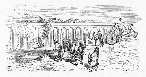 Caricatura del transporte "moderno" realizada por Gustave Dore hacia 1850:2 trenes chocan entre sí y un tren de pasajeros descarrila y cae desde lo alto de un puente; un carruaje se divide en 2 y vuelca después de que el caballo que tira de él se haya emba